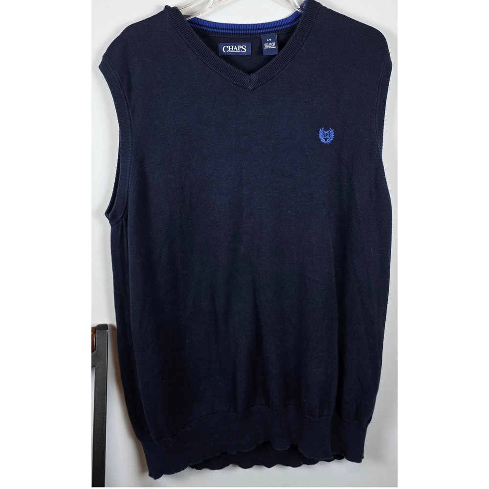 Chaps Mens V Neck Navy Blue Sweater Vest Cotton Size‎ L G Logo